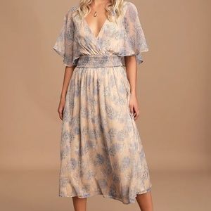 Beige Floral Print Ruffled Midi Dress
